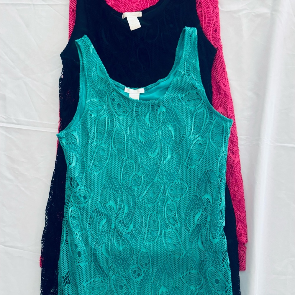 Lace Overlay mini dresses in Teal, Black, and Pink